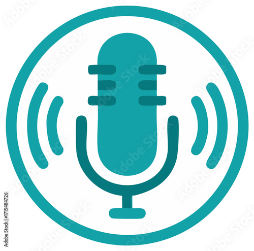 Microphone Vector Graphic with Waves Design in Turquoise Circle for Sound Broadcasting