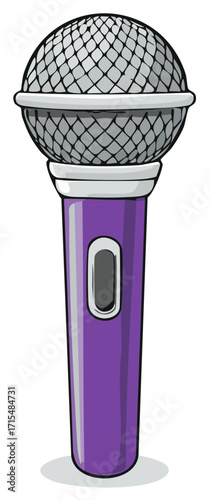 Stylized cartoon illustration of a purple handheld microphone for music, podcasting, and performance.
