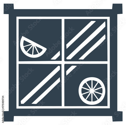Stylized window pane with citrus slice and a wheel