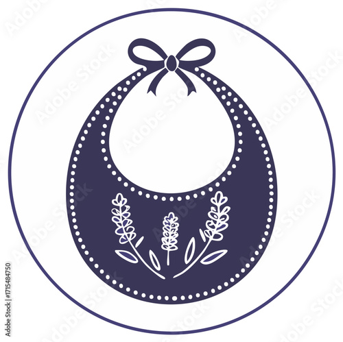 Simple navy blue baby bib with lavender design and bow, icon, illustration