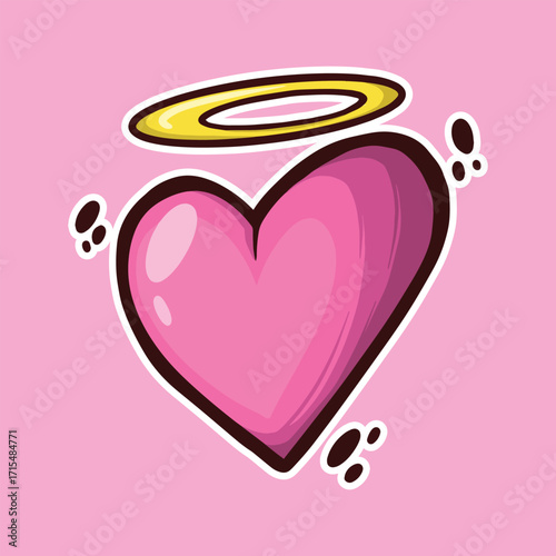 Pink heart with halo on pink background, cartoon style.