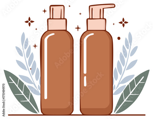 Cosmetic Product Bottles with Plants Decorations in Doodle Style Hand Drawn Illustration