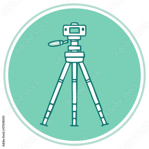 Stylized camera tripod illustration, filmmaking equipment for cameras in a flat, minimal line art style on a teal round background