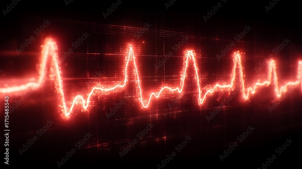 Obraz premium Abstract glowing red electrocardiogram waveform on a dark textured background, representing life and health