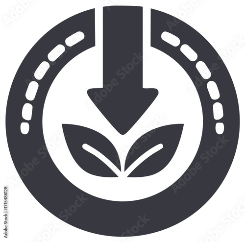 Sustainable Energy Arrow Down Icon with Leaves in a Circular Design Environmentally Friendly