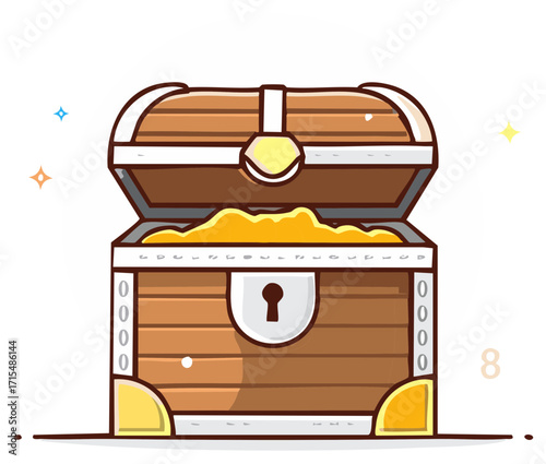 Open wooden treasure chest filled with sparkling gold coins. Cartoon vector illustration of a pirate's fortune.