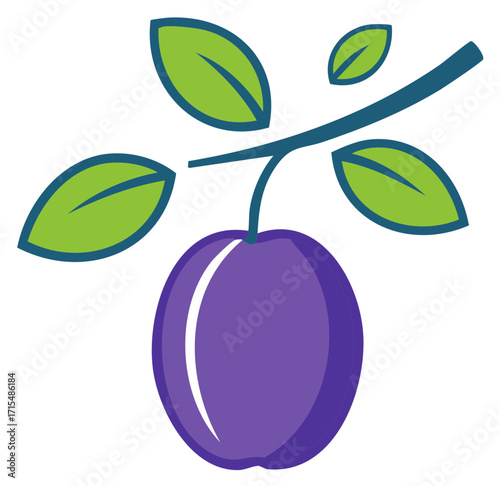 Vector icon of a fresh ripe plum with green leaves on a tree branch