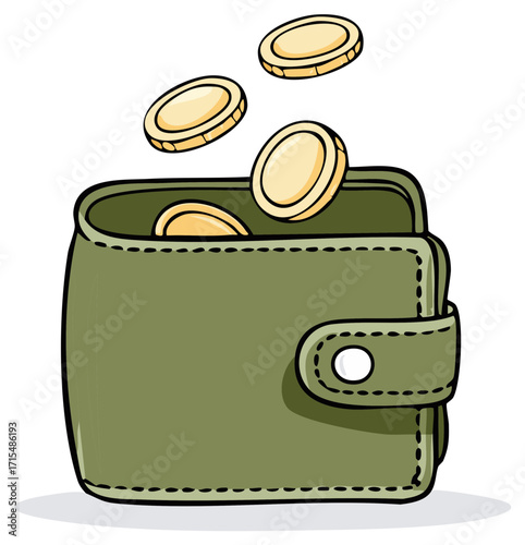 Green leather wallet with coins falling into it representing savings and income