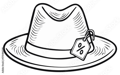 Fedora hat with a price tag featuring a percentage symbol in a vintage sketch style