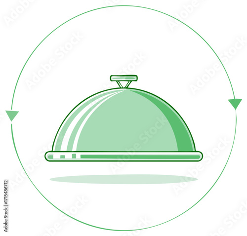 Illustrated green cloche with arrow circle, food serving or presentation concept.
