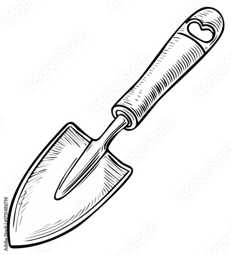 Hand drawn trowel illustration with heart shape in handle for gardening vector