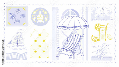 Relaxing summer vacation motifs like a sailboat, beach chair, and refreshing drink evoke pure bliss
