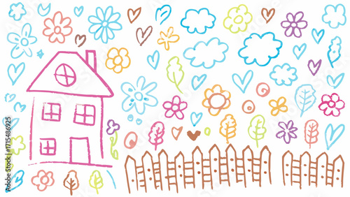 Charming childlike drawing of a house with garden elements, perfect for playful designs.