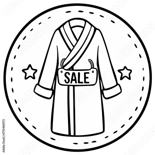 Bathrobe with Sale Sign Black and White Outline on Star Circle with Dashes Fashionable Garment for Relaxing Wear