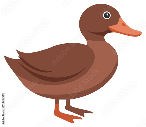 Cartoon illustration of a brown duck with orange beak and feet isolated on a white background.