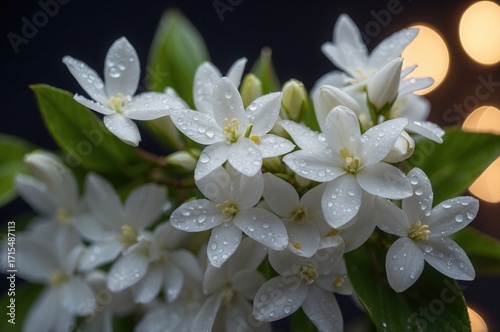 white flower with dew drops, White jasmine flowers (Jasminum sp.) with petals adorned with dewdrops glisten against a dark background.