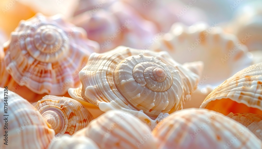 Obraz premium Close-up view of numerous seashells, showcasing intricate spiral patterns and delicate textures in soft, warm colors.