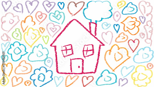 Whimsical colorful house surrounded by hearts and flowers evokes joy and childhood dreams