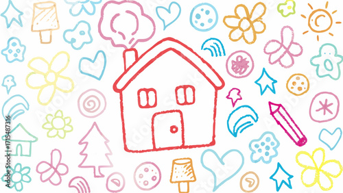 Whimsical hand-drawn doodles of houses, hearts, flowers, and stars create a playful, childlike artistic pattern