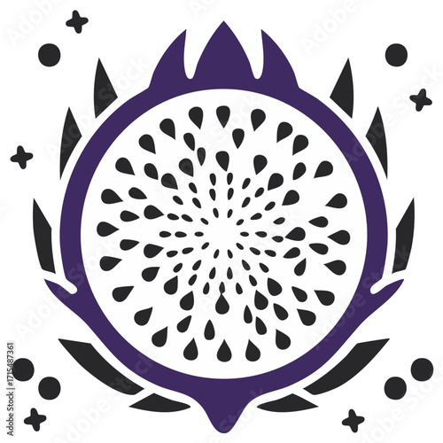 Purple Dragon Fruit Silhouette with Black Seeds and Star Accents Illustration