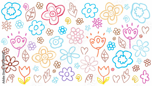Vibrant, playful floral illustrations in a charming, hand-drawn style create a delightful and energetic pattern.
