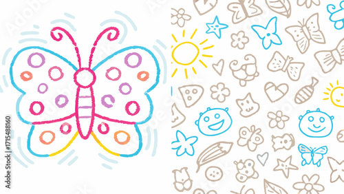 Joyful crayon butterfly and whimsical pattern for kids' art projects and playful designs