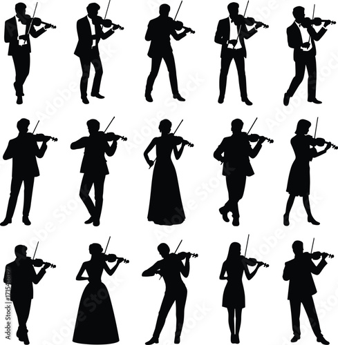 Violin player silhouette, musical performance, classical music, musician pose, black figures, concert scene, formal attire, artistic gesture, violinist stance, music icon,