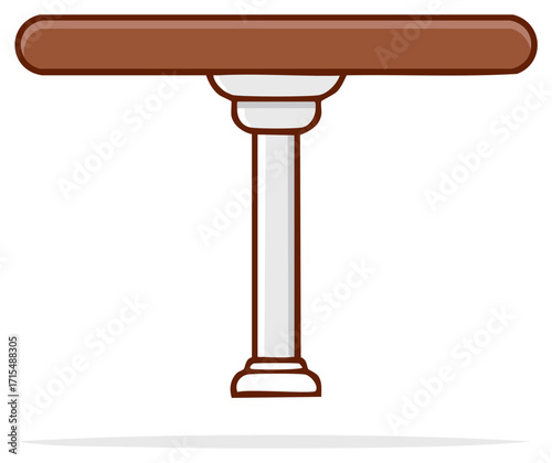 Cartoon illustration of a simple table with brown top and white pedestal base. Minimalist isolated element. Flat style icon of furniture.