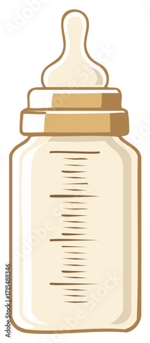 Simple cartoon illustration of a baby feeding bottle with milk and measurement marks