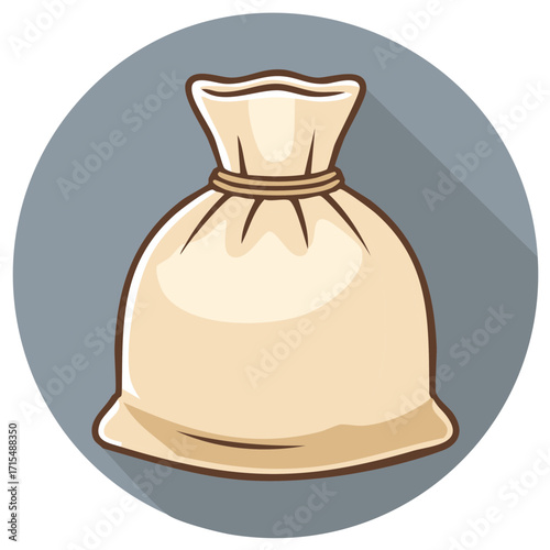 Cartoon illustration of a burlap sack with a shadow on a gray circular background