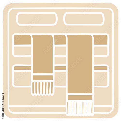 Minimalist illustration of a towel rack with two towels hanging