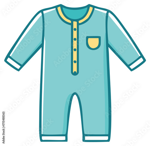 Cartoon baby blue romper with yellow accents and chest pocket