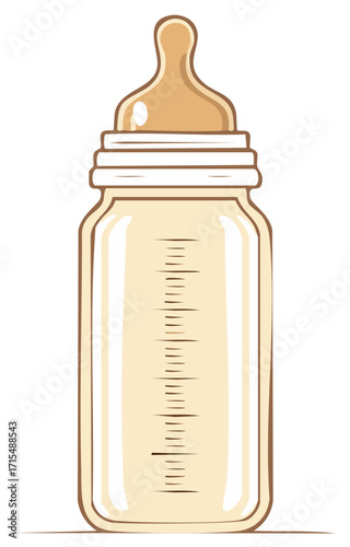 Cartoon illustration of baby bottle, full of milk with measurements for a new born