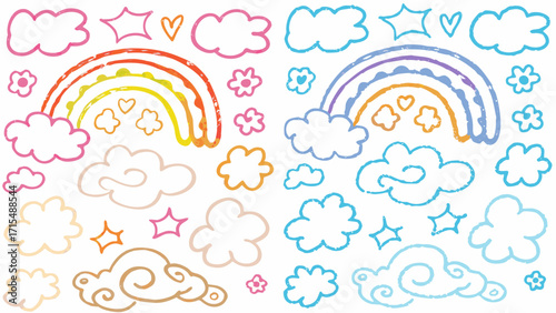 Vibrant hand-drawn rainbows clouds and stars offer a playful, cheerful, and whimsical artistic collection