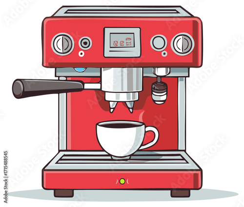 Red coffee machine brewing a cup of coffee, cartoon illustration