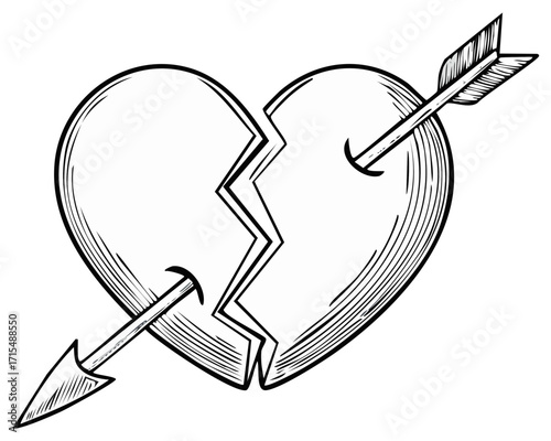 Broken Heart Pierced by Arrow Sketch Illustration Emotional Pain Symbol