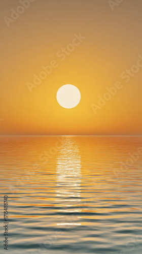 Peaceful sunset over calm ocean horizon with warm orange sky. tranquil sun reflecting on water surface creates beautiful and serene natural background