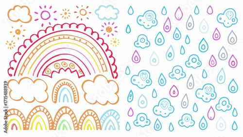 Whimsical rainbow and rain cloud doodles bring cheerful, playful charm to creative projects.