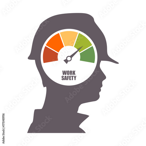 Work safety level scale with arrow inside head of confident construction manager wearing hardhat. The measuring device. Project management, engineering and safety inspection.