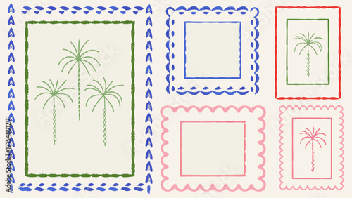 Vibrant tropical palm trees framed in colorful decorative borders evoke summer vacation vibes and exotic destinations.
