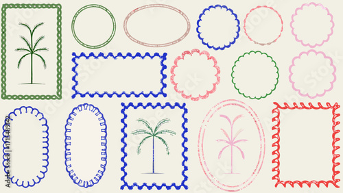 Vibrant tropical frames and palm trees offer playful, organic design elements for any project