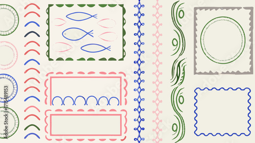 Whimsical hand-drawn decorative frames and borders create playful, charming designs for crafts and invitations