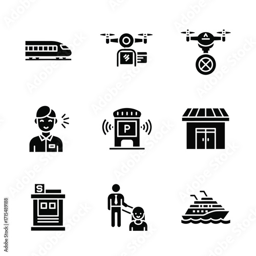 Modern black silhouette icons illustrating essential urban and daily services transportation, drone technology, retail, finance, and customer support