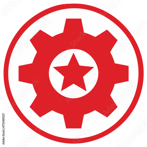 Red circular emblem with a gear and a star inside symbolizing industry and national pride