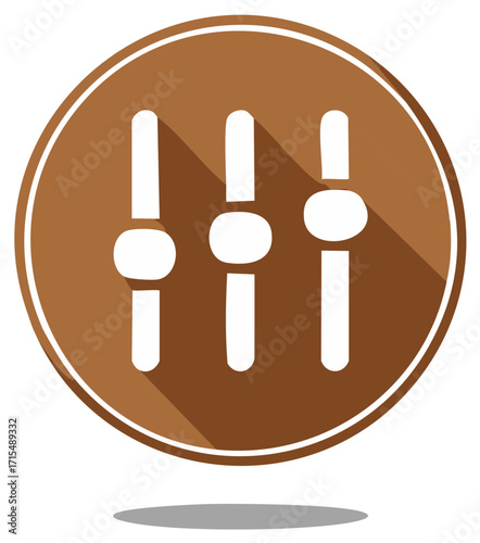 Settings icon with adjustment sliders and long shadow. Flat design control panel or equalizer graphic.
