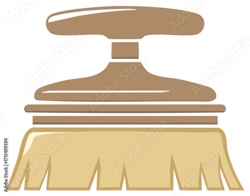 Stylized brown and tan cleaning brush with wooden handle