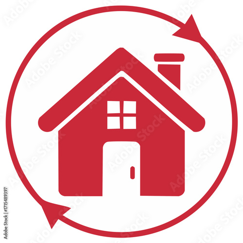 Red house icon with circular arrow representing home services property cycle or real estate refresh