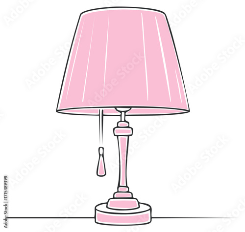 A simple hand drawn style illustration of a classic pink table lamp with a lampshade and pull chain switch for home decor.