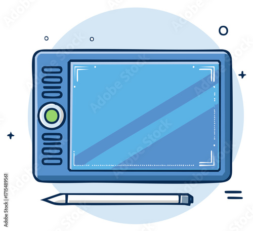 Blue graphic drawing tablet with stylus pen for digital art and design illustration