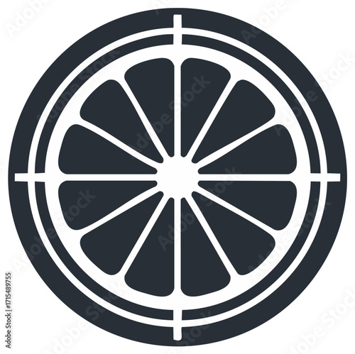Stylized citrus fruit slice inside a target crosshairs minimalist vector icon
